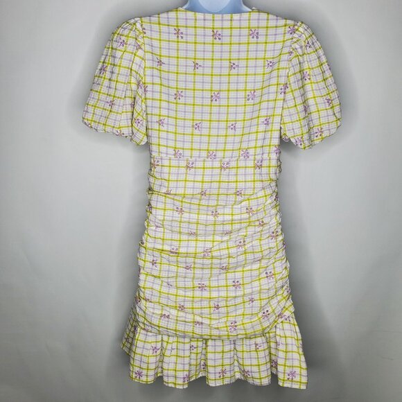Zara Womens Embroidered Eyelet Gingham Check Mini Dress Size S Ruched Deep V - Picture 4 of 8